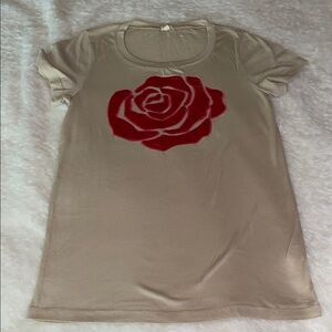 NWOT J. CREW Elegant Beige Short Sleeve Tee with Hot Pink Satin Rose Appliqué